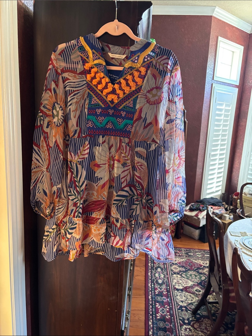 Soft Surroundings Floral Embroidered Blue Multicolor Tunic